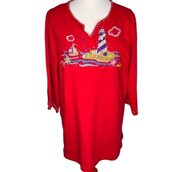 Quacker Factory Red Sequined Beaded Lighthouse Sailboat 3/4 Sleeve Cotton Top 1X - Picture 3 of 12